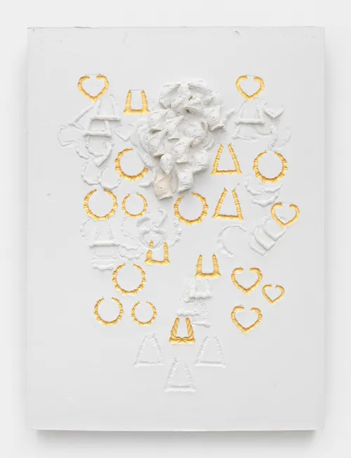 Large Composition with Round Earrings, Heart Earrings, Bamboo Earrings and Chickenheads with Twenty Gold Impressions